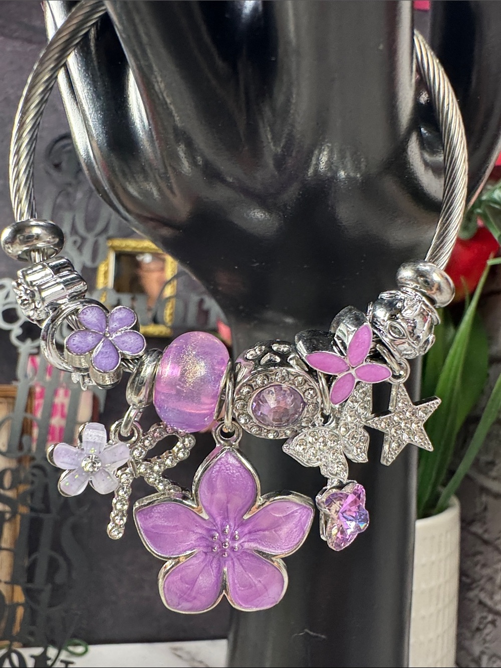 Purple Floral Charm Bracelet - Women Jewelry